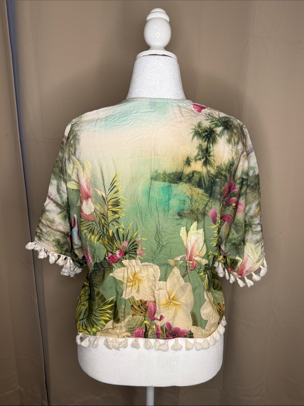 FARM RIO Tropical Floral Tie-Front Kimono with Tassel Trim - Picture 2 of 2